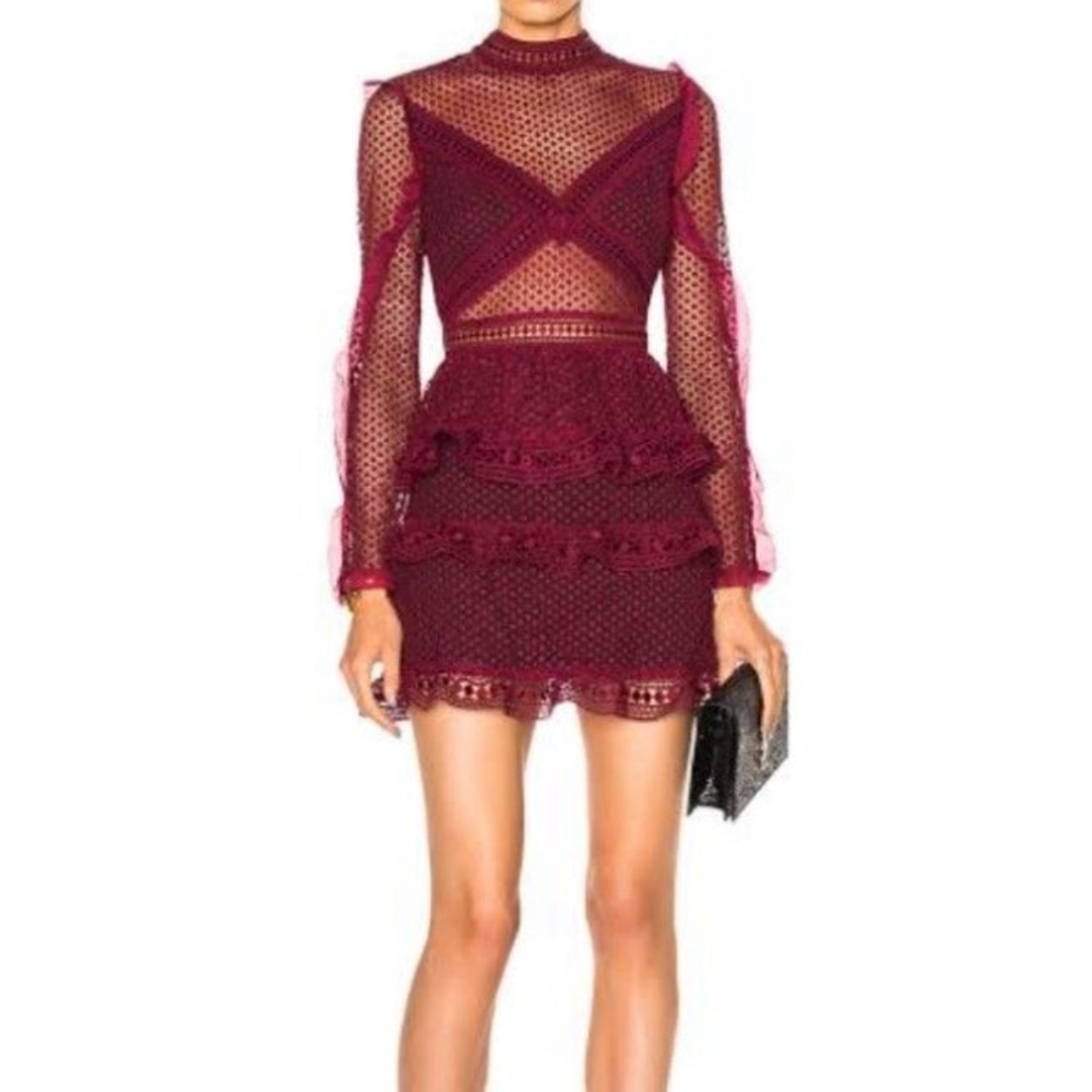 Self-Portrait Long-sleeve Burgundy Dress